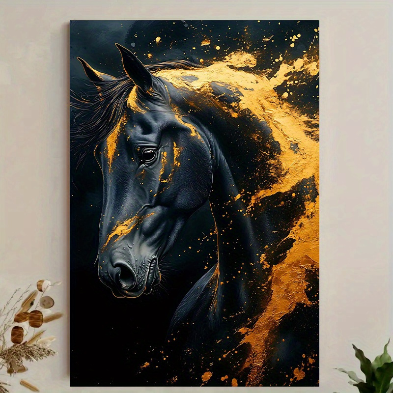 Canvas Wrap Ready - 1ピース エレガントな黒い馬のキャンバスウォールアート ゴールデンアクセント付き - モダンな農家の装飾、すぐに掛けることができるラップキャンバス絵画