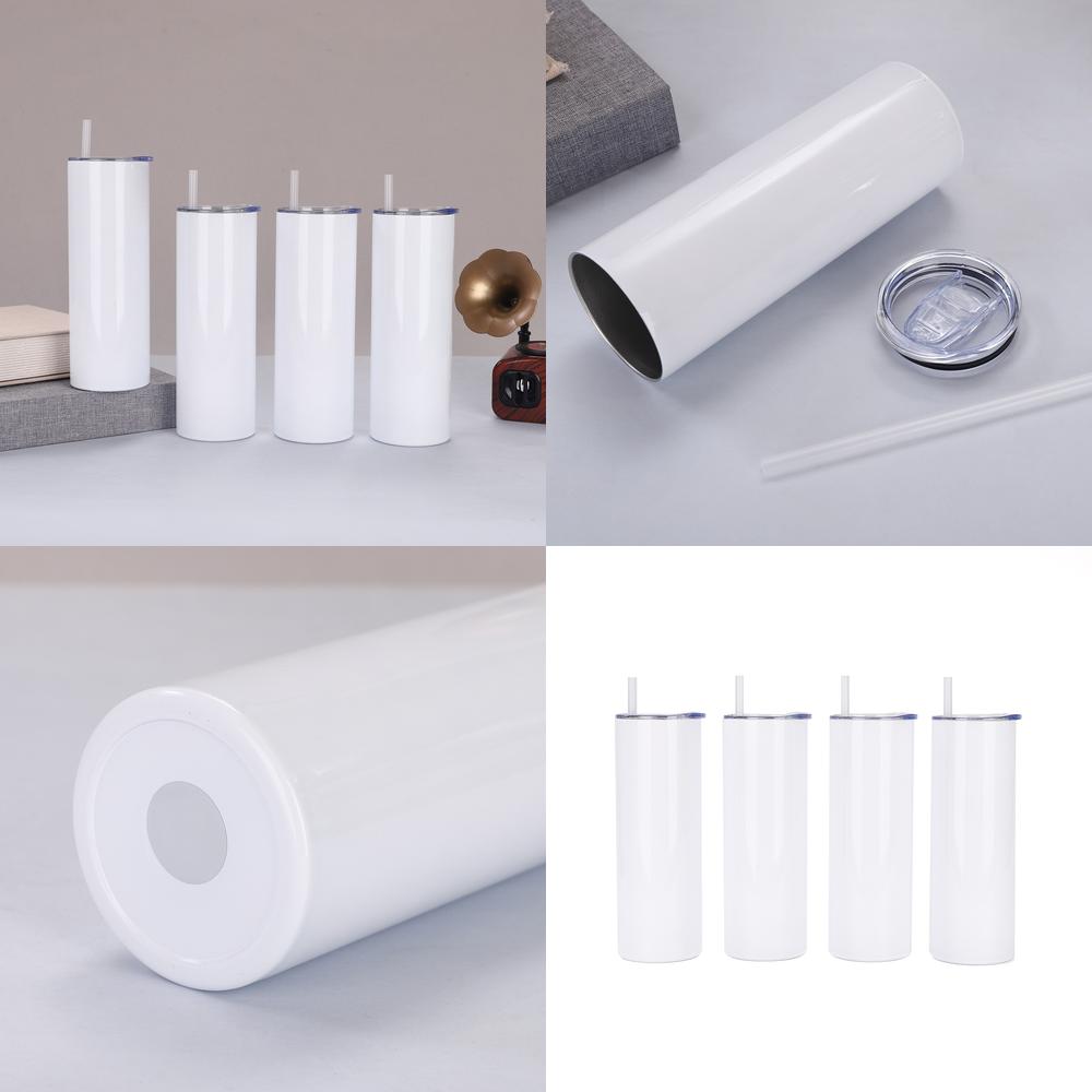 Water Bottle Blank - 20オンスのストレートカップ、304ステンレス鋼製二重壁真空断熱ホワイトサーモス、ストロー付き昇華プリントカーマグ